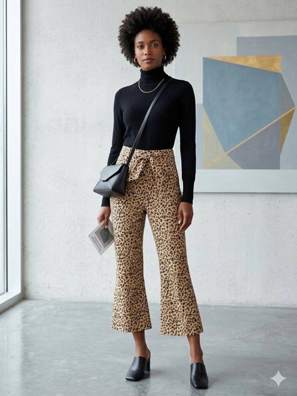 LEITH Women's 3X Animal Print Wide Flare Leg Tie Front Cropped High Rise Pants